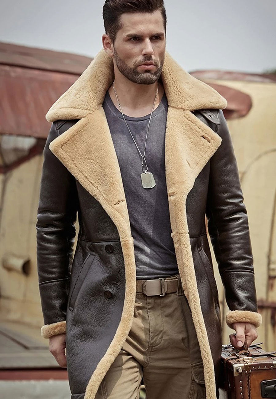 Men’s Dark Brown Leather Shearling Long Coat