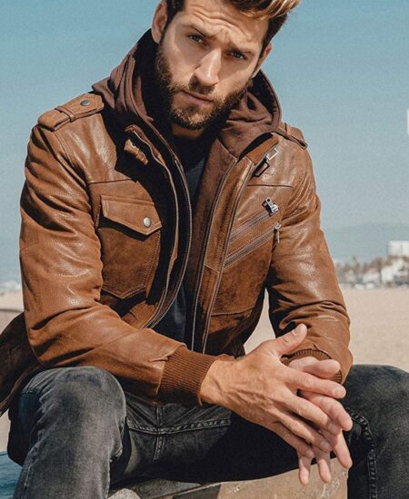 Men’s Tan Brown Leather Removable Hood Bomber Jacket