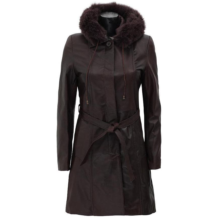 Hooded Women Leather Dark Brown Faux Shearling Coat
