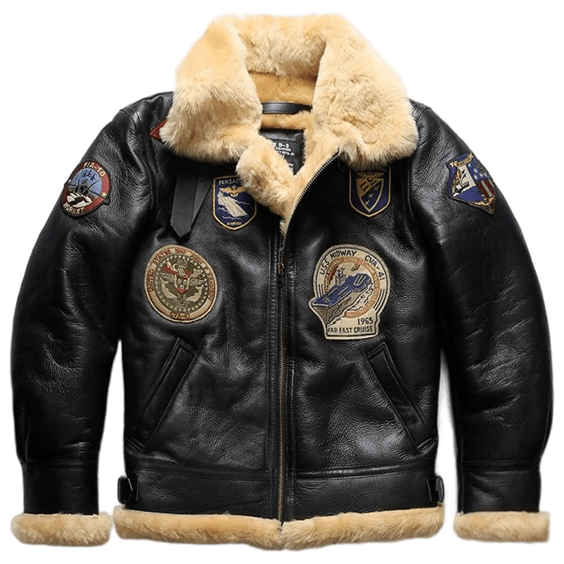 Men B3 Sheepskin Shearling Bomber Military Fur Leather Jacket