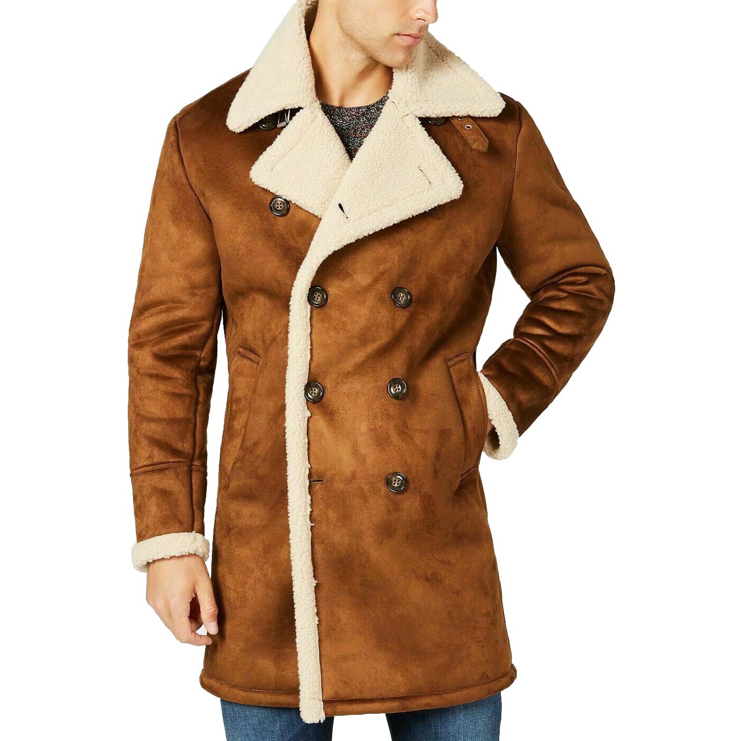 Men Brown Faux Shearling Sheepskin Over Coat 