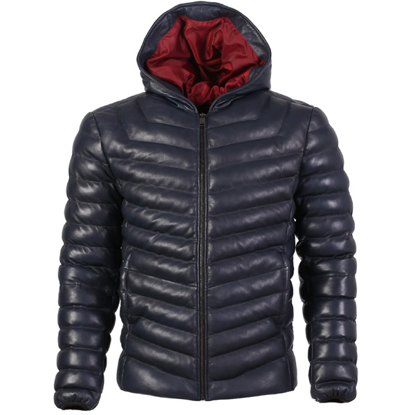 Men Bubble Puffer Leather Jacket with Hoody Dark Navy Blue