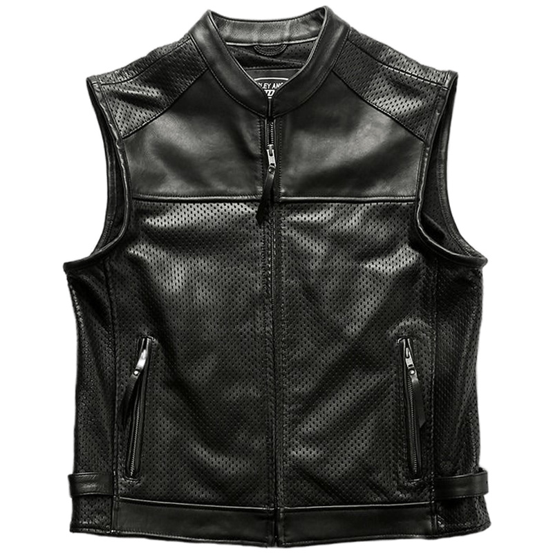 Men Perforated Zipper Leather Motorcycle Vest