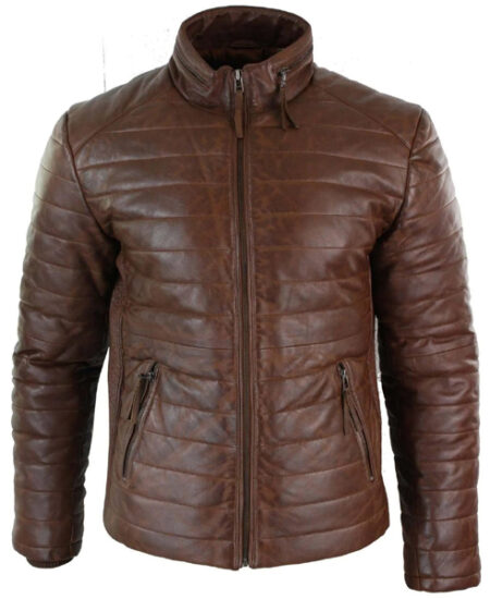 Men Brown Genuine Leather Quilted Puffer Zipped Jacket