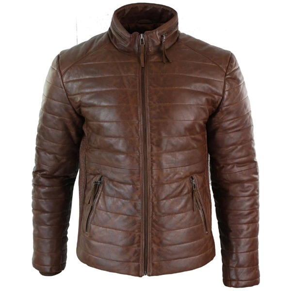 Men Brown Genuine Leather Quilted Puffer Zipped Jacket