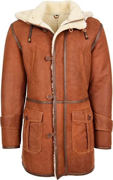 Men Whiskey Sheepskin Duffle Coat with Hood