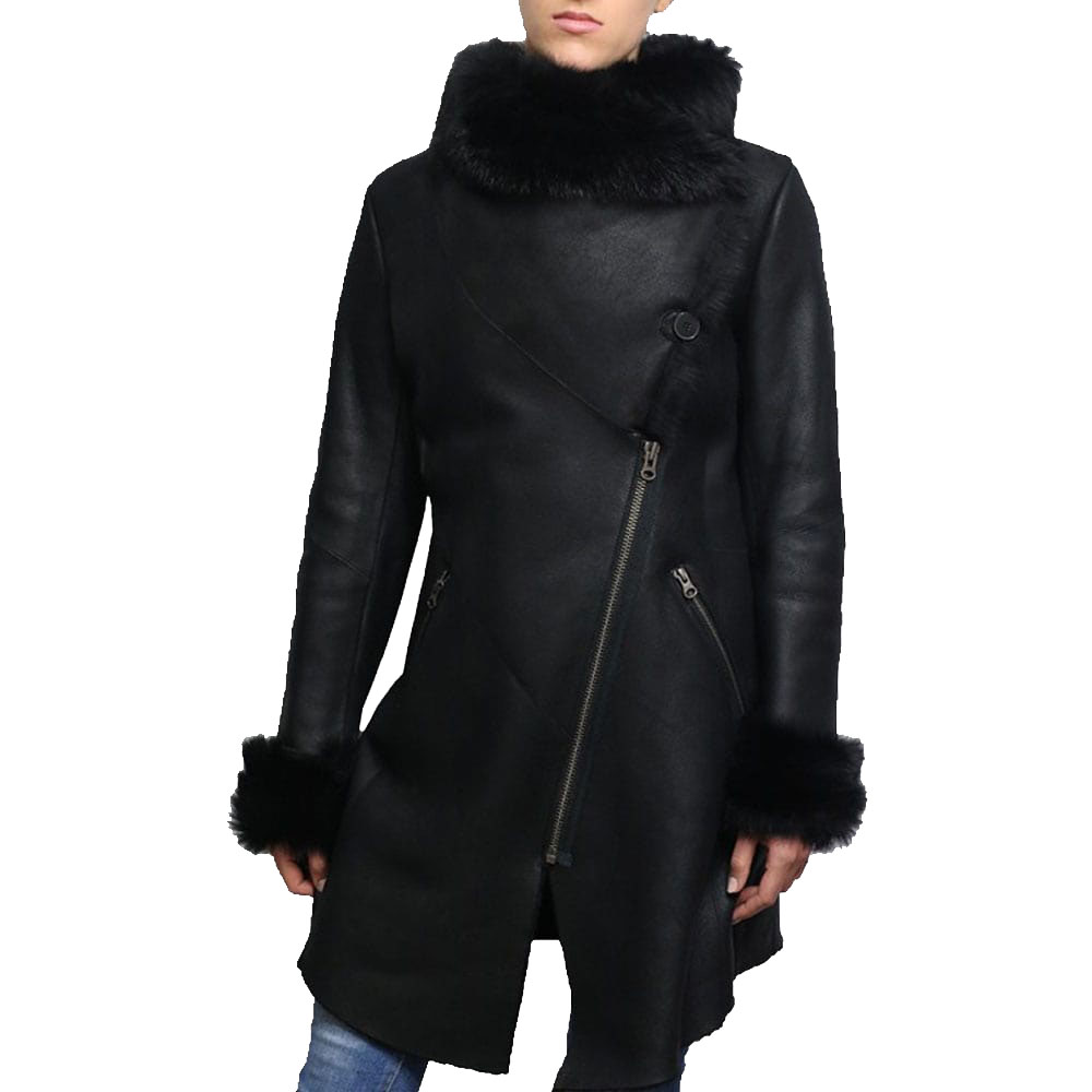 Women Shearling Sheepskin Suede Coat Merino Toscana Collar Black