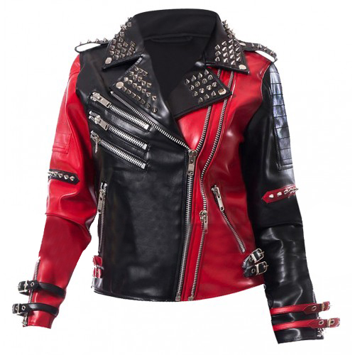 Harley Quinn Studded Black Red Leather Biker Jacket