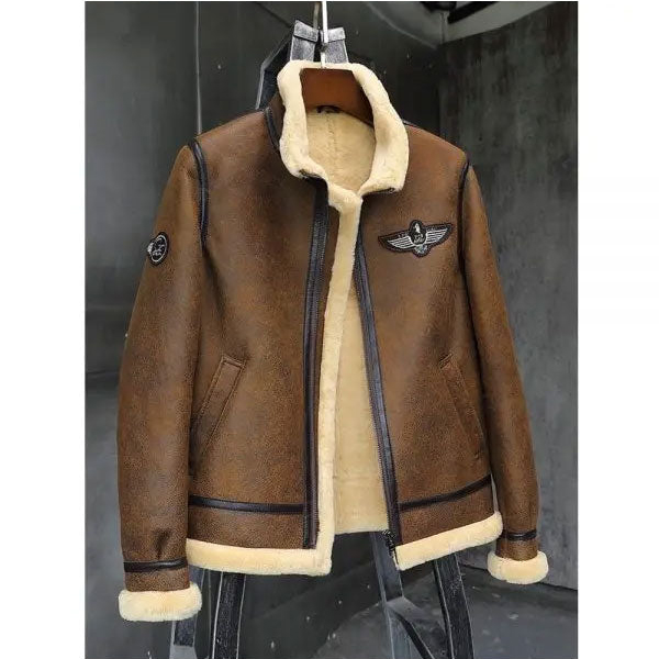 Men Brown Sheepskin Aviator Shearling Motorcycle Leather Jacket